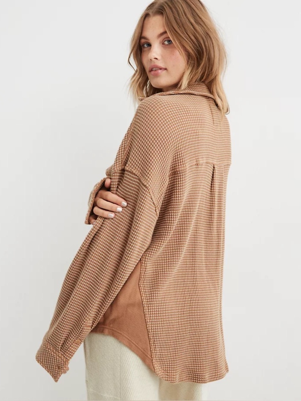 Aerie Lumber Jane Waffle Shirt Shacket XL Oversized Neutral Tan Thermal Minimal - Picture 3 of 13